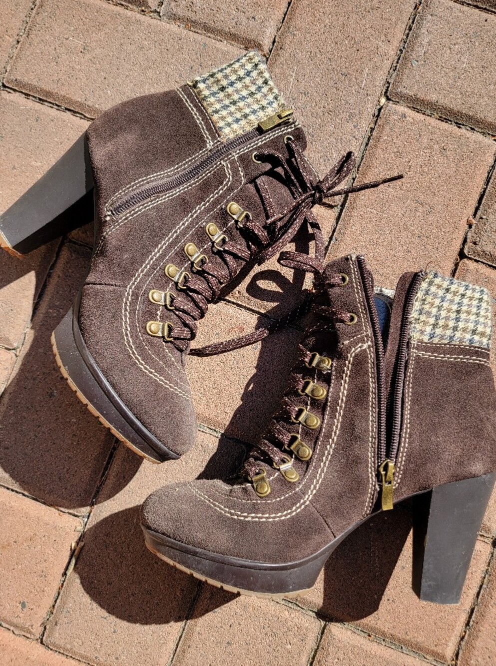 Hush Puppies Brown Suede Lace-Up Heeled Boots with Houndstooth Cuff